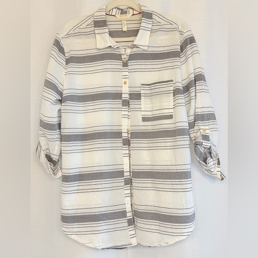 Matilda Jane Gray White Striped Button Down Shirt Size Large